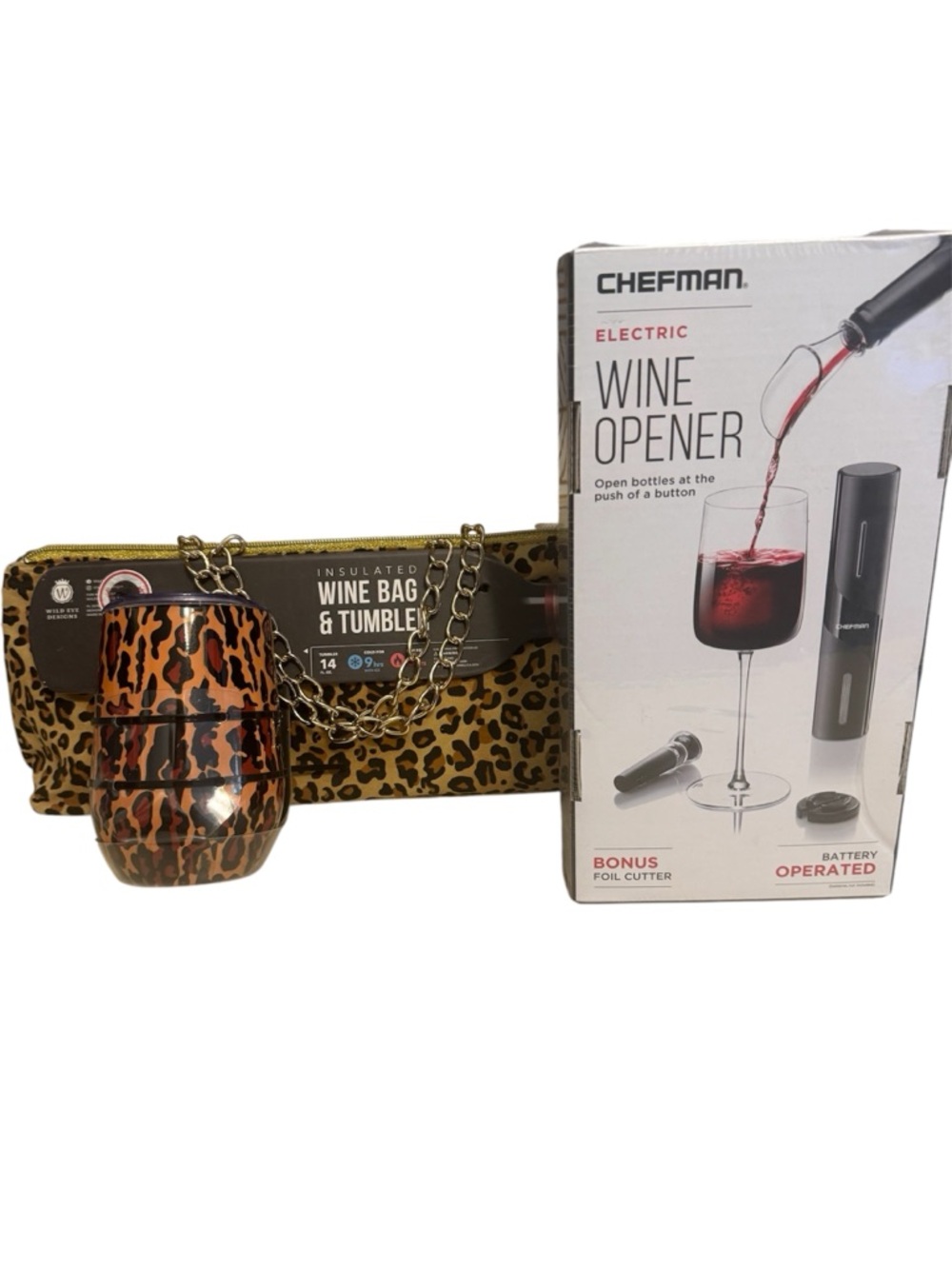 NWT Chefman Wine Opener W/ Leopard Print Insulated Wine Bag & Tumbler